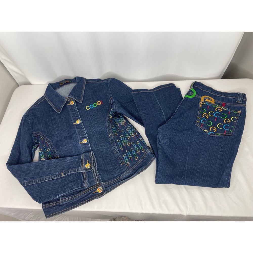 COOGI Denim 2 Piece Set Women 2XL Blue Excellent Embroidered Logo Trucker Jacket
